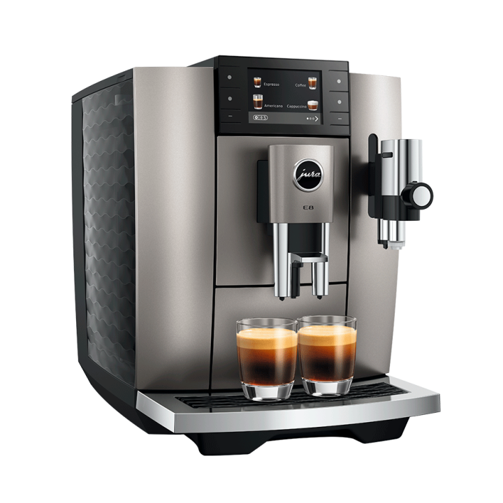 Jura E8 (ED) Midnight Silver Espressomaskine Inkl. Startpakke (DK sprog), Pleje, Filtre, Mælkebeholder & 3kg Super Crema