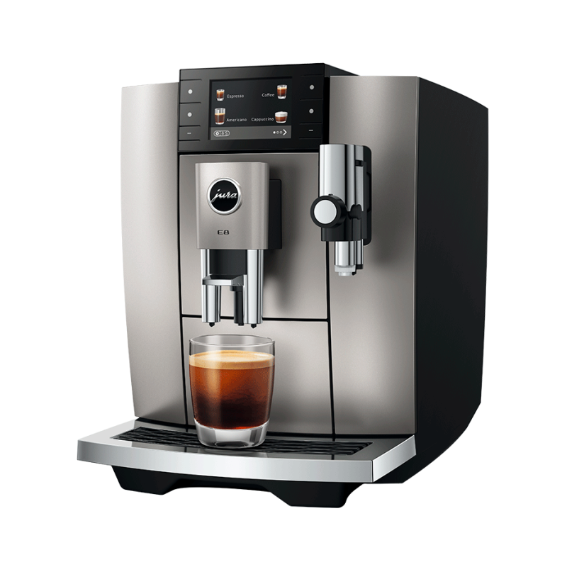 Jura E8 (ED) Midnight Silver Espressomaskine Inkl. Startpakke (DK sprog), Pleje, Filtre, Mælkebeholder & 3kg Super Crema