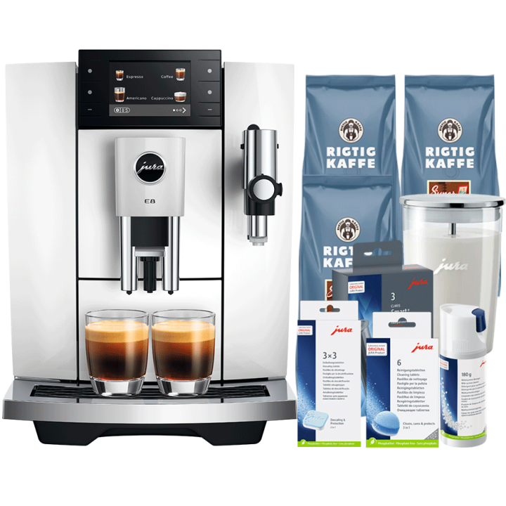 Jura E8 (ED) Piano White Espressomaskine Inkl. Startpakke (DK sprog), Pleje, Filtre, Mælkebeholder & 3kg Super Crema