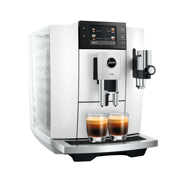 Jura E8 (ED) Piano White Espressomaskine Inkl. Startpakke (DK sprog), Pleje, Filtre, Mælkebeholder & 3kg Super Crema