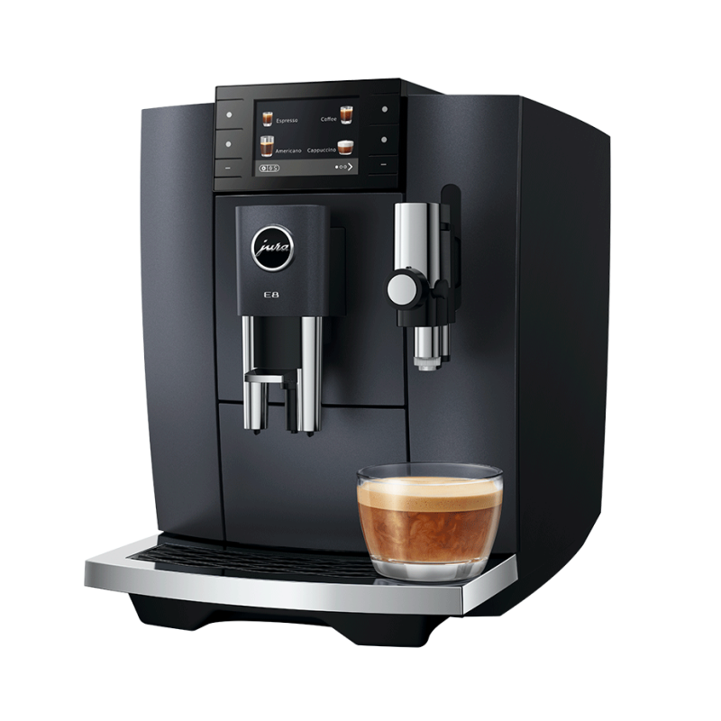 Jura E8 (ED) Cosmic Black Espressomaskine Inkl. Startpakke (DK sprog), Pleje, Filtre, Mælkebeholder & 3kg Crema Intenso