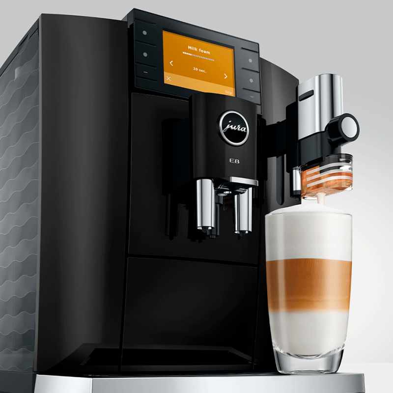 Jura E8 (ED) Cosmic Black Espressomaskine Inkl. Startpakke (DK sprog), Pleje, Filtre, Mælkebeholder & 3kg Crema Intenso