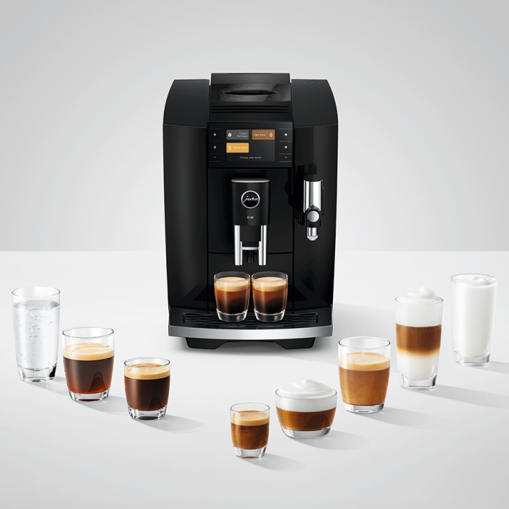 Jura E8 (ED) Cosmic Black Espressomaskine Inkl. Startpakke (DK sprog), Pleje, Filtre, Mælkebeholder & 3kg Crema Intenso