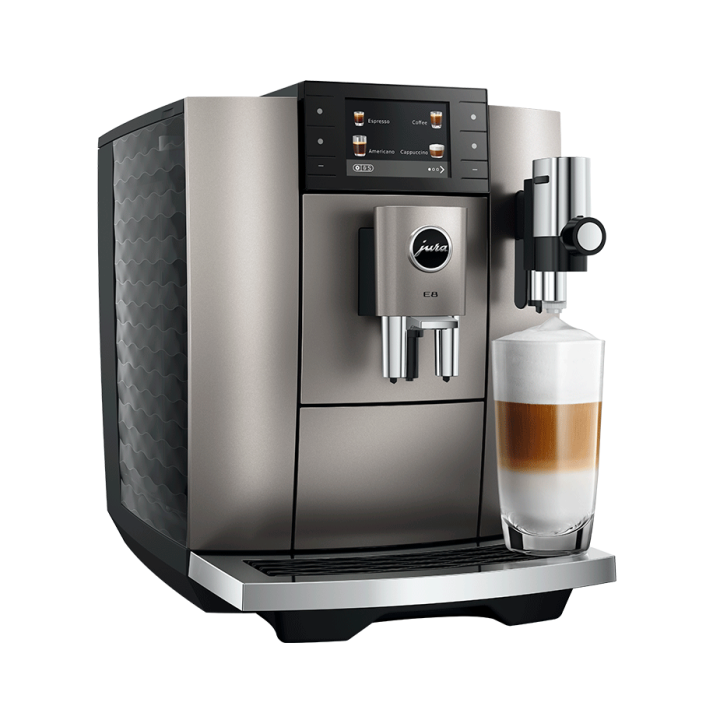 Jura E8 (ED) Midnight Silver Espressomaskine Inkl. Startpakke (DK sprog), Pleje, Filtre, Mælkebeholder & 3kg Crema Intenso