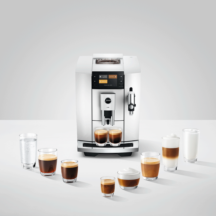 Jura E8 (ED) Piano White Espressomaskine Inkl. Startpakke (DK sprog), Pleje, Filtre, Mælkebeholder & 3kg Crema Intenso