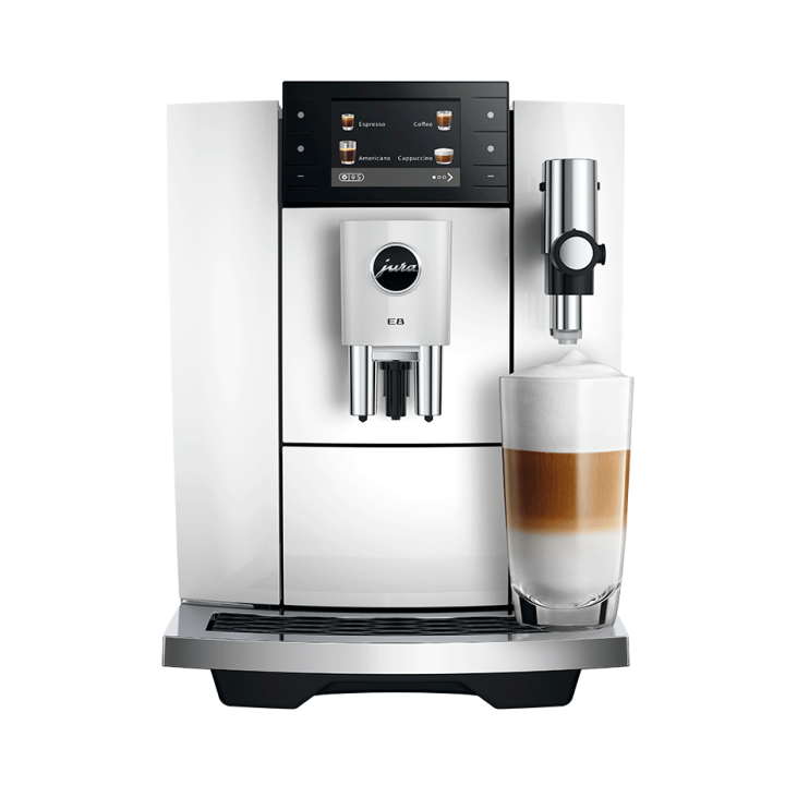 Jura E8 (ED) Piano White Espressomaskine Inkl. Startpakke (DK sprog), Pleje, Filtre, Mælkebeholder & 3kg Crema Intenso