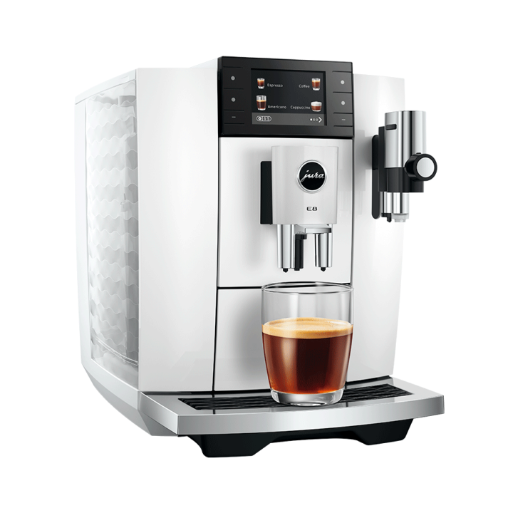 Jura E8 (ED) Piano White Espressomaskine Inkl. Startpakke (DK sprog), Pleje, Filtre, Mælkebeholder & 3kg Crema Intenso