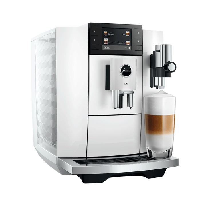 Jura E8 (ED) Piano White Espressomaskine Inkl. Startpakke (DK sprog), Pleje, Filtre, Mælkebeholder & 3kg Crema Intenso
