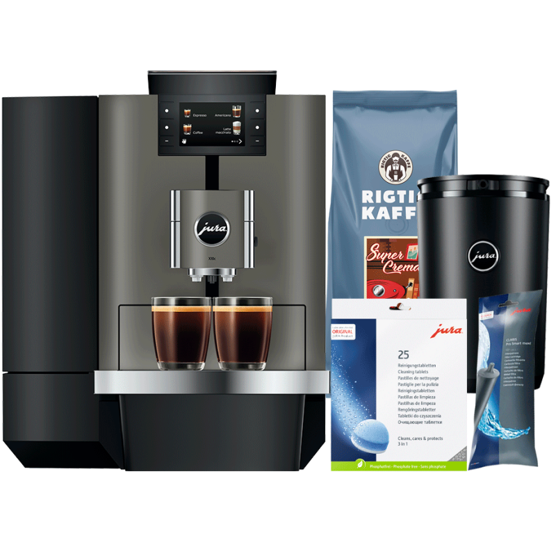 Jura X10c (EA) Dark Inox Espressomaskine Inkl. Startpakke, 2,5L Cooler, Pleje & 6kg Kaffe