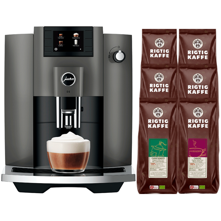 Jura E6 (EC) Dark Inox Espressomaskine Inkl. 6x400g Rigtig Kaffe Organic DK sprog