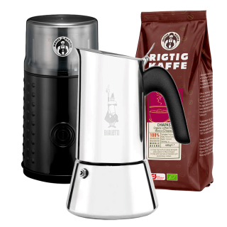 Bialetti Venus Elegance 6 Kop. Espressokande Stål Inkl. Elektrisk Kaffemølle & 400g Organic Hele kaffebønner