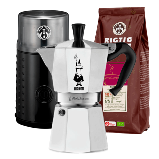 Bialetti Moka Express 6 Kop. Espressokande Alu Inkl. Elektrisk Kaffemølle & Rigtig Kaffe Organic Chiapas 400g Hele kaffebønner