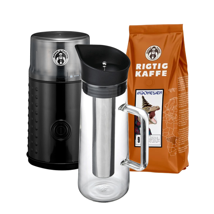 La Cafetiére 1 L Iskaffebrygger Inkl. House of Barista Elektriske kaffemølle & Rigtig Kaffe Indonesien No. 9