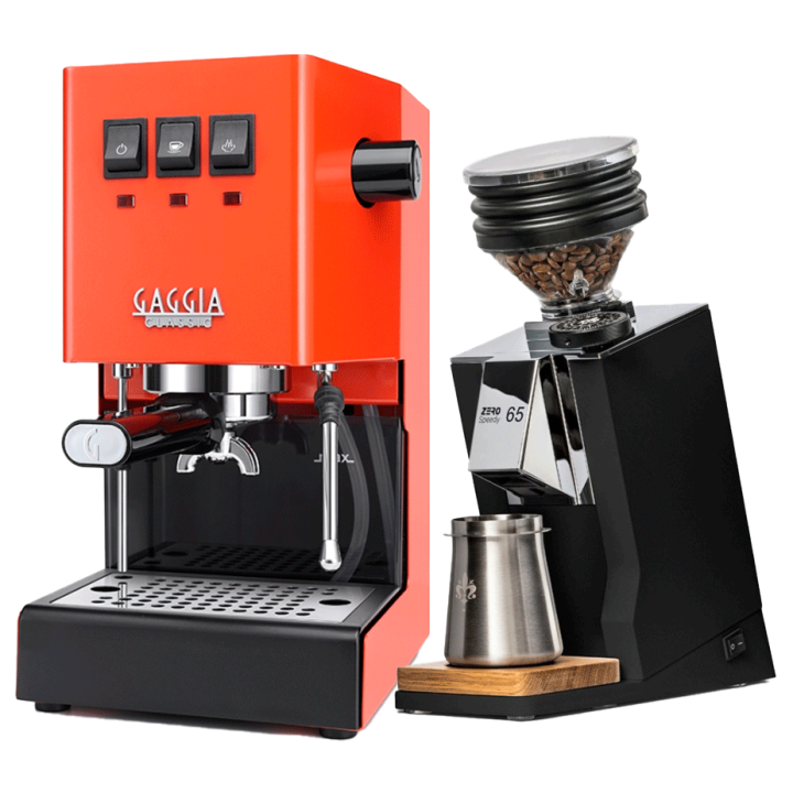 Gaggia Classic E24 Lobster Red Espressomaskine Inkl. Eureka Mignon Zero 65 Speedy Mat Sort Espressokværn