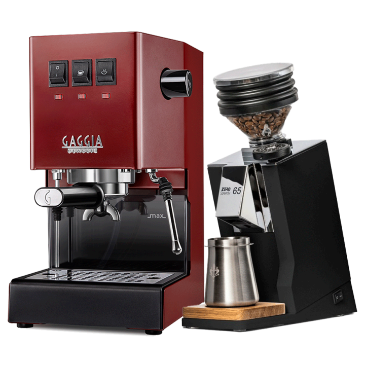 Gaggia Classic E24 Rød Espressomaskine Inkl. Eureka Mignon Zero 65 Speedy Mat Sort Espressokværn
