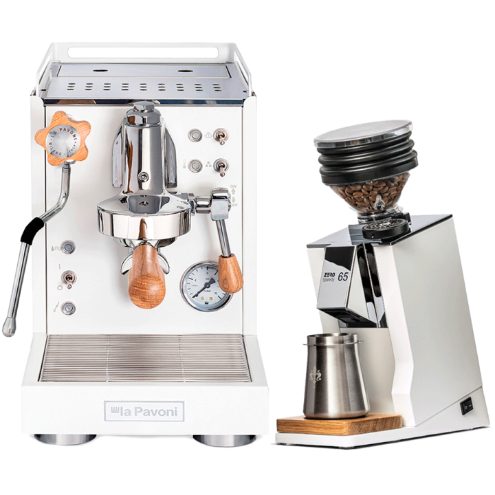 La Pavoni Mini Cellini Hvid LPSMCW01EU Espressomaskine Inkl. Eureka Mignon Zero 65 Speedy Hvid Espressokværn
