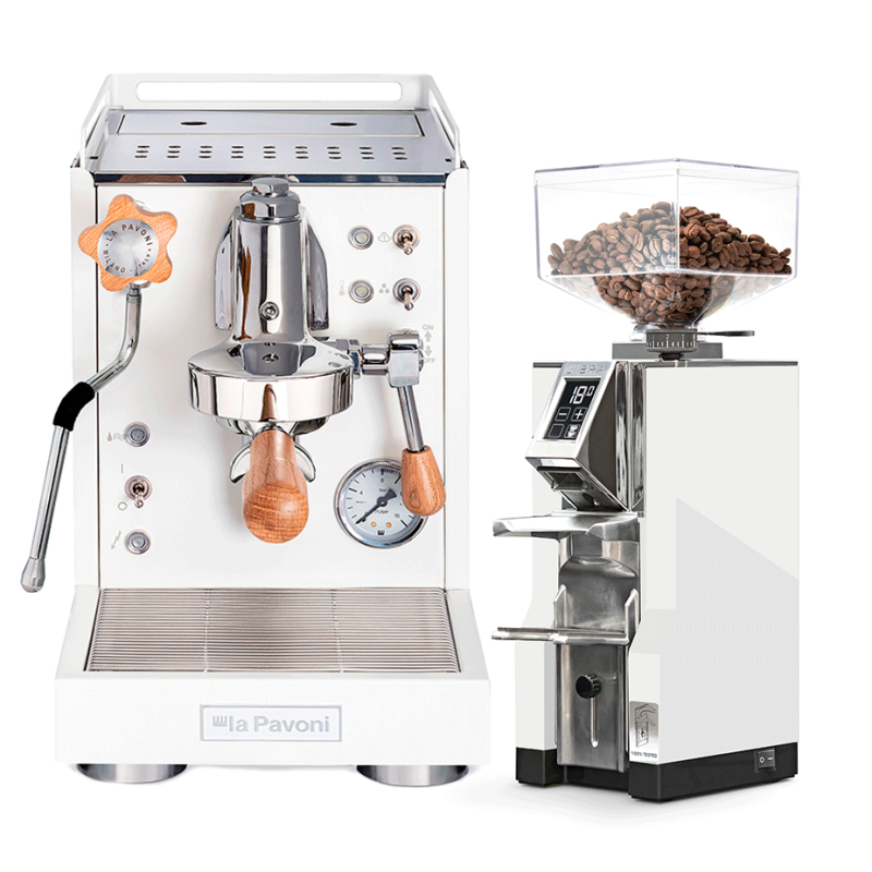 La Pavoni Mini Cellini Hvid LPSMCW01EU Espressomaskine Inkl. Eureka Mignon Libra 55 Chrome/Hvid Espressokværn