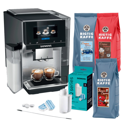 Siemens TQ713R03 EQ700 Inox Espressomaskine Inkl. Siemens Plejepakke & 3kg Rigtig Kaffe Hele Kaffebønner