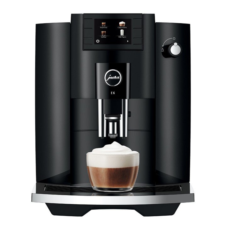 Jura E6 (EC) Piano Black Inkl. Pleje, Filtre, Mælkebeholder & 1 kg Rigtig Kaffe Crema Intenso