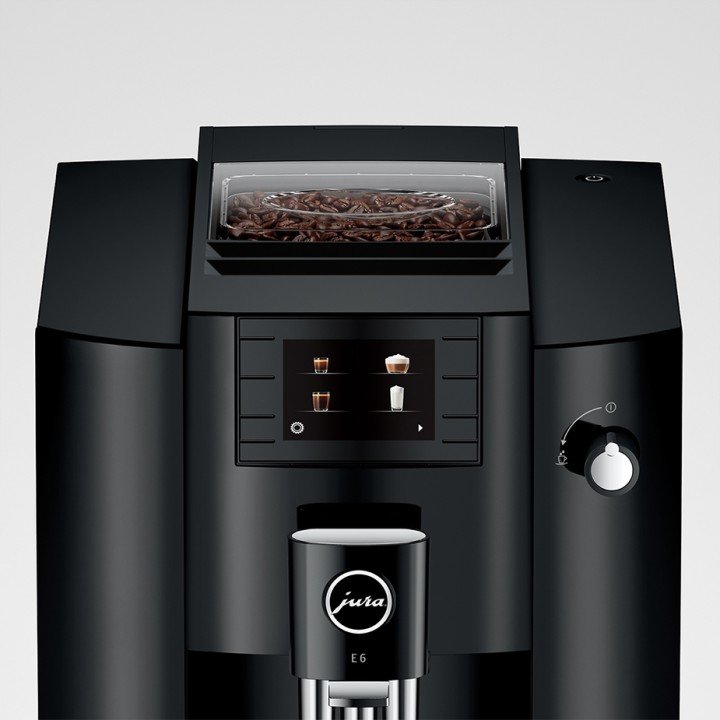 Jura E6 (EC) Piano Black Inkl. Pleje, Filtre, Mælkebeholder & 1 kg Rigtig Kaffe Crema Intenso
