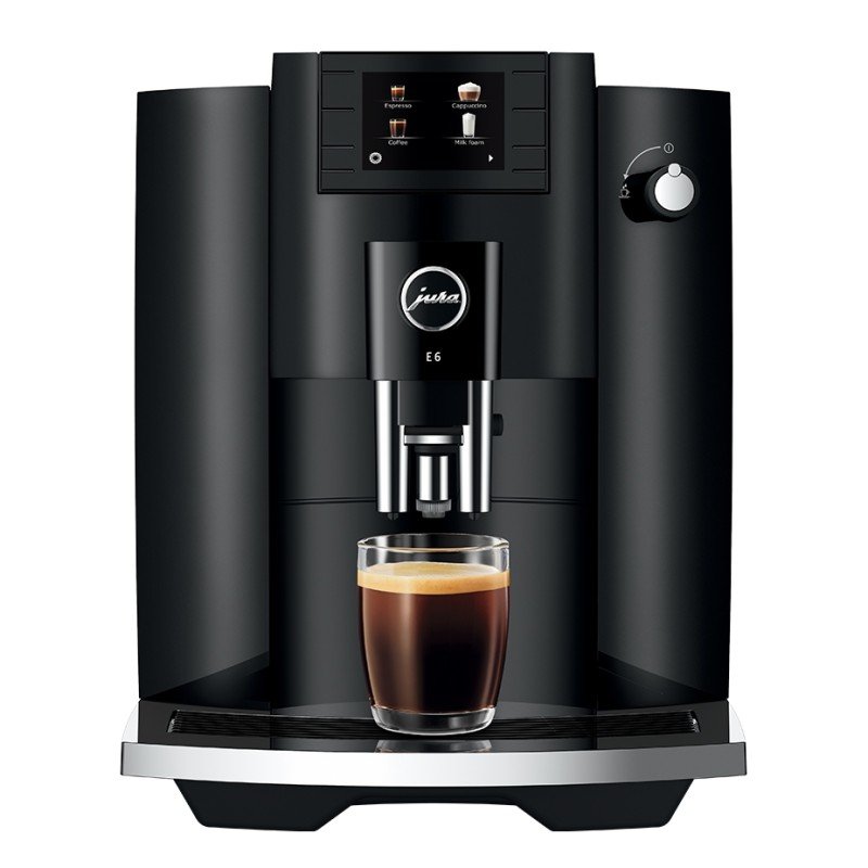 Jura E6 (EC) Piano Black Inkl. Pleje, Filtre, Mælkebeholder & 1 kg Rigtig Kaffe Crema Intenso