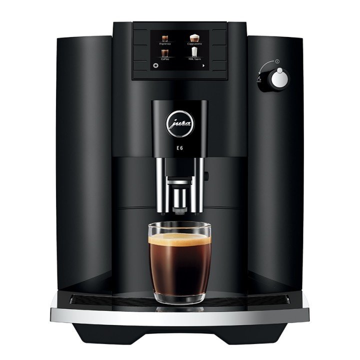 Jura E6 (EC) Piano Black Inkl. Pleje, Filtre, Mælkebeholder & 1 kg Rigtig Kaffe Crema Intenso
