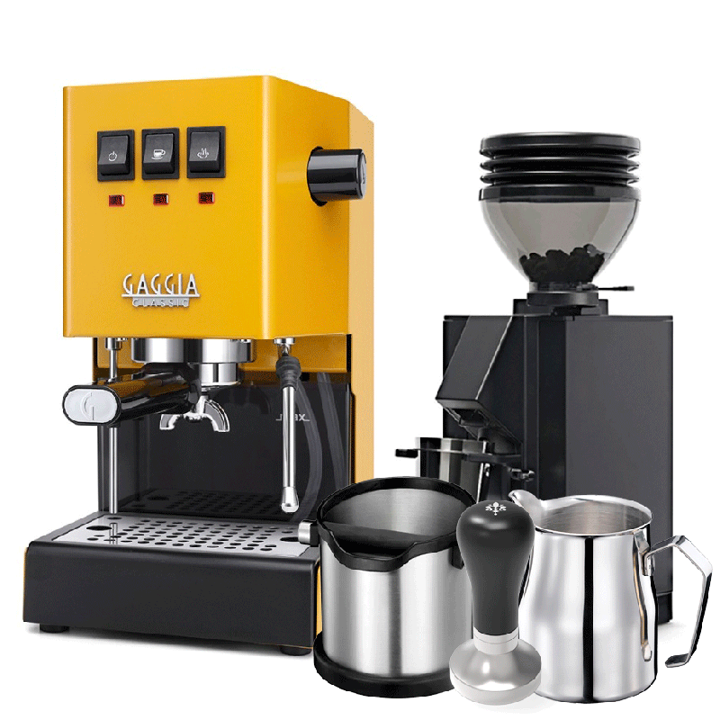 Gaggia Classic E24 Sunshine Yellow Espressomaskine Inkl. Eureka Mignon Zero 55s Mat Sort Espressokværn & Baristaudstyr