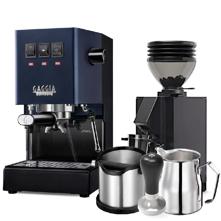 Gaggia Classic E24 Blå Espressomaskine Inkl. Eureka Mignon Zero 55s Mat Sort Espressokværn & Baristaudstyr
