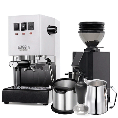 Gaggia Classic E24 Hvid Espressomaskine Inkl. Eureka Mignon Zero 55s & Baristaudstyr
