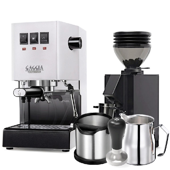 Gaggia Classic E24 Hvid Espressomaskine Inkl. Eureka Mignon Zero 55s Mat Sort Espressokværn & Baristaudstyr