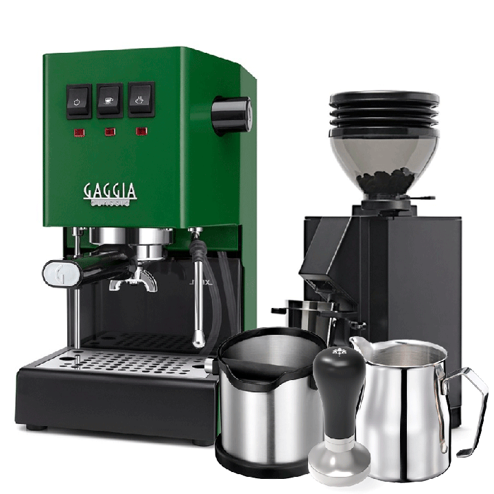 Gaggia Classic E24 Jungle Green Espressomaskine Inkl Eureka Mignon Zero 55s Mat Sort Espressokværn & Baristaudstyr