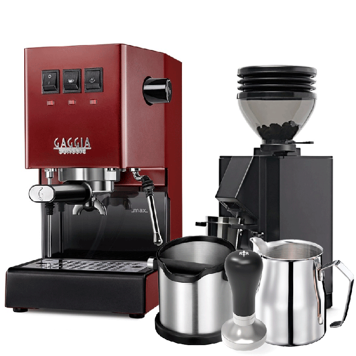 Gaggia Classic E24 Rød Espressomaskine Inkl. Eureka Mignon Zero 55s Mat Sort Espressokværn & Baristaudstyr