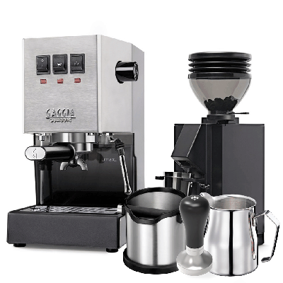Gaggia Classic E24 Stål Espressomaskine Inkl. Eureka Mignon Zero 55s & Baristaudstyr