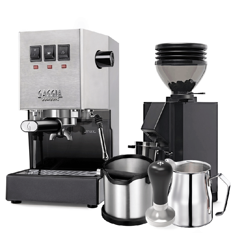 Gaggia Classic E24 Stål Espressomaskine Inkl. Eureka Mignon Zero 55s Mat Sort Espressokværn & Baristaudstyr