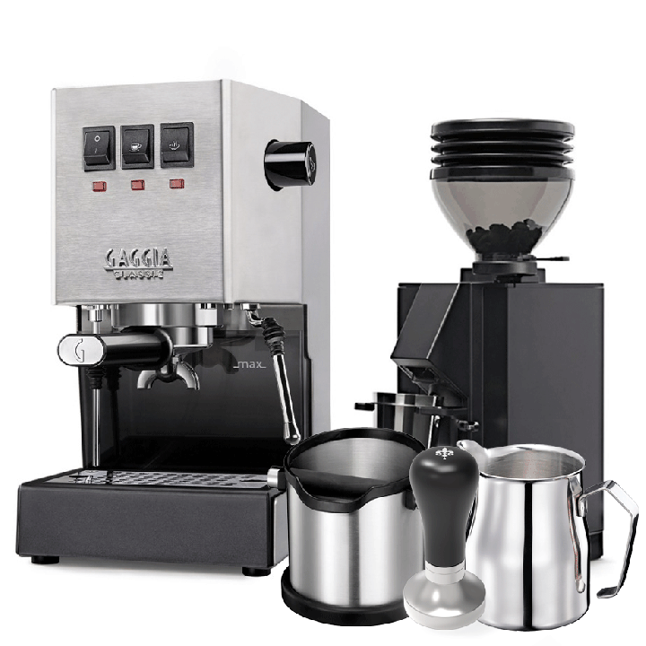 Gaggia Classic E24 Stål Espressomaskine Inkl. Eureka Mignon Zero 55s Mat Sort Espressokværn & Baristaudstyr