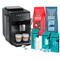 Siemens TP551E07 EQ500 Espressomaskine Piano Sort inkl. Rengøringspiller, Kalkfilter, Afkalkningspiller & 2kg Rigtig Kaffe