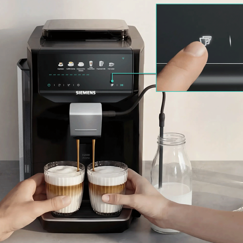 Siemens TP551E07 EQ500 Espressomaskine Piano Sort inkl. Rengøringspiller, Kalkfilter, Afkalkningspiller & 2kg Rigtig Kaffe
