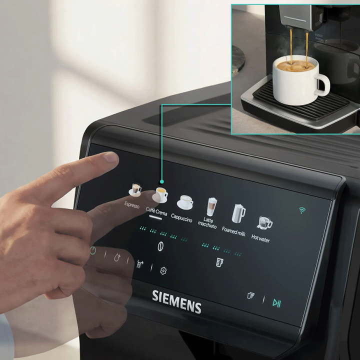 Siemens TP551E07 EQ500 Espressomaskine Piano Sort inkl. Rengøringspiller, Kalkfilter, Afkalkningspiller & 2kg Rigtig Kaffe