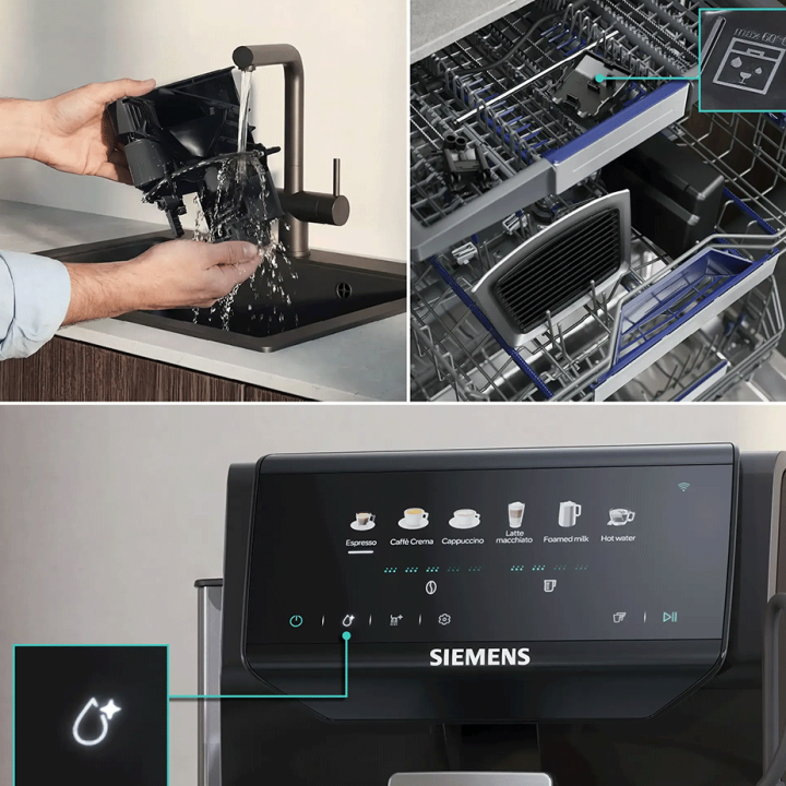 Siemens TP551E07 EQ500 Espressomaskine Piano Sort inkl. Rengøringspiller, Kalkfilter, Afkalkningspiller & 2kg Rigtig Kaffe