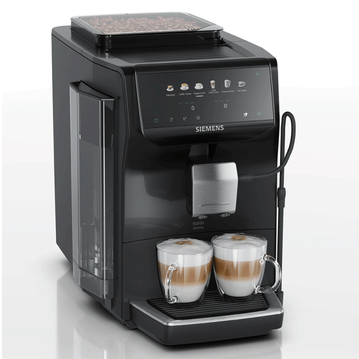 Siemens TP551E07 EQ500 Espressomaskine Piano Sort inkl. Rengøringspiller, Kalkfilter, Afkalkningspiller & 2kg Rigtig Kaffe