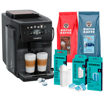 Siemens TP603E08 EQ600 Espressomaskine inkl. Rengøringspiller, Kalkfilter, Afkalkningspiller & 2kg Rigtig Kaffe
