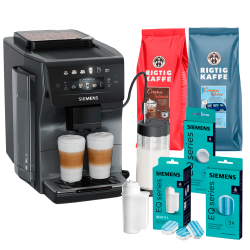 Siemens TP603EM6 EQ600 Espressomaskine Midnat Sølvmetallic Inkl. Mælkekande Glas, Rengøringsprodukter & 2kg Rigtig Kaffe