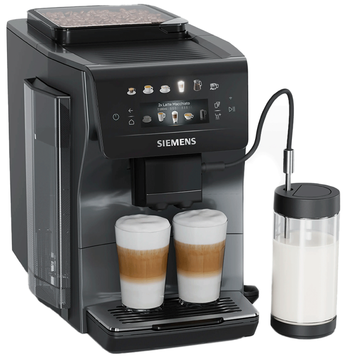 Siemens TP603EM6 EQ6 Espressomaskine Midnat Sølvmetallic Inkl. Mælkekande Glas, Rengøringsprodukter & 2kg Rigtig Kaffe