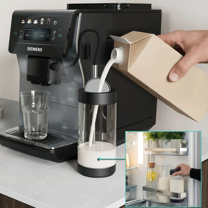 Siemens TP603EM6 EQ6 Espressomaskine Midnat Sølvmetallic Inkl. Mælkekande Glas, Rengøringsprodukter & 2kg Rigtig Kaffe