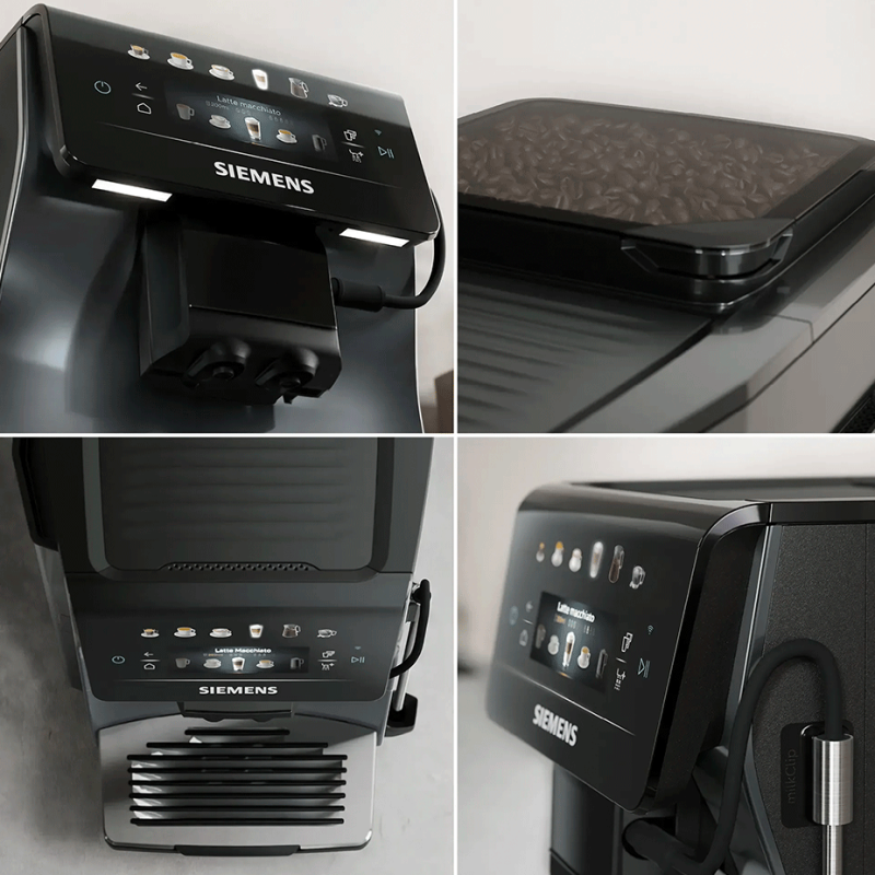 Siemens TP603EM6 EQ6 Espressomaskine Midnat Sølvmetallic Inkl. Mælkekande Glas, Rengøringsprodukter & 2kg Rigtig Kaffe