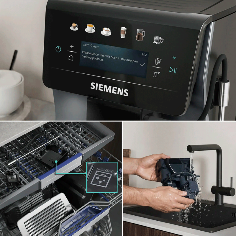 Siemens TP603EM6 EQ6 Espressomaskine Midnat Sølvmetallic Inkl. Mælkekande Glas, Rengøringsprodukter & 2kg Rigtig Kaffe