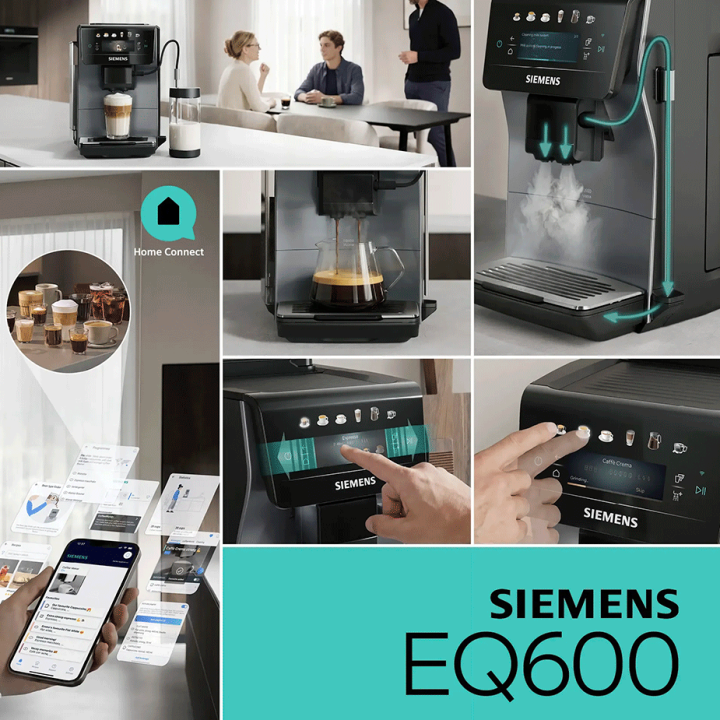 Siemens TP603EM6 EQ6 Espressomaskine Midnat Sølvmetallic Inkl. Mælkekande Glas, Rengøringsprodukter & 2kg Rigtig Kaffe