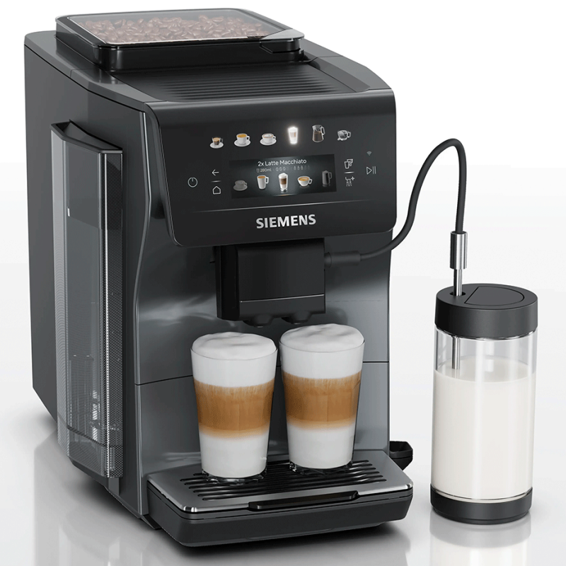 Siemens TP603EM6 EQ6 Espressomaskine Midnat Sølvmetallic Inkl. Mælkekande Glas, Rengøringsprodukter & 2kg Rigtig Kaffe