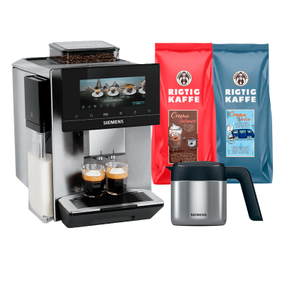 Siemens TQ923EZ3 EQ900 Plus Espressomaskine Inkl. AutoCalc'n Clean, Termokande & 2kg Rigtig Kaffe Hele Kaffebønner