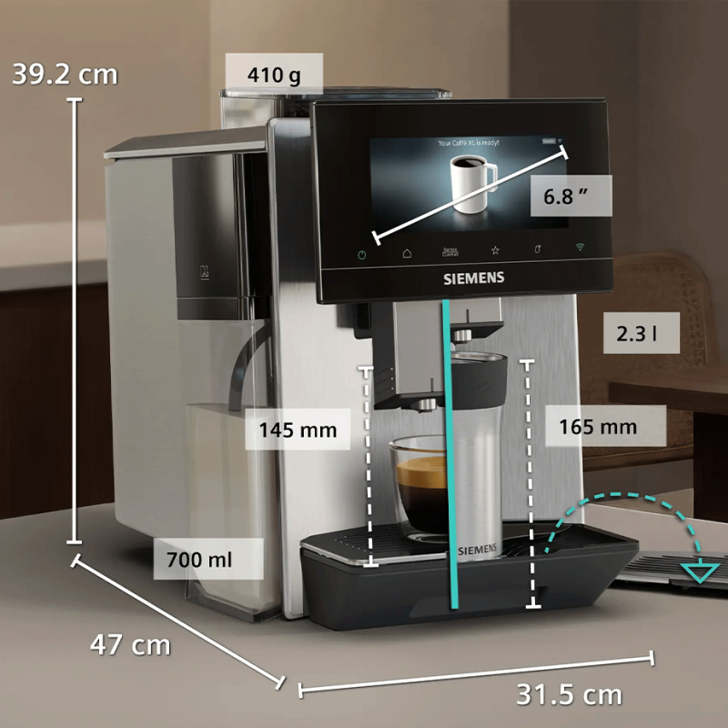 Siemens TQ923EZ3 EQ900 Plus Espressomaskine Inkl. AutoCalc'n Clean, Termokande & 2kg Rigtig Kaffe Hele Kaffebønner